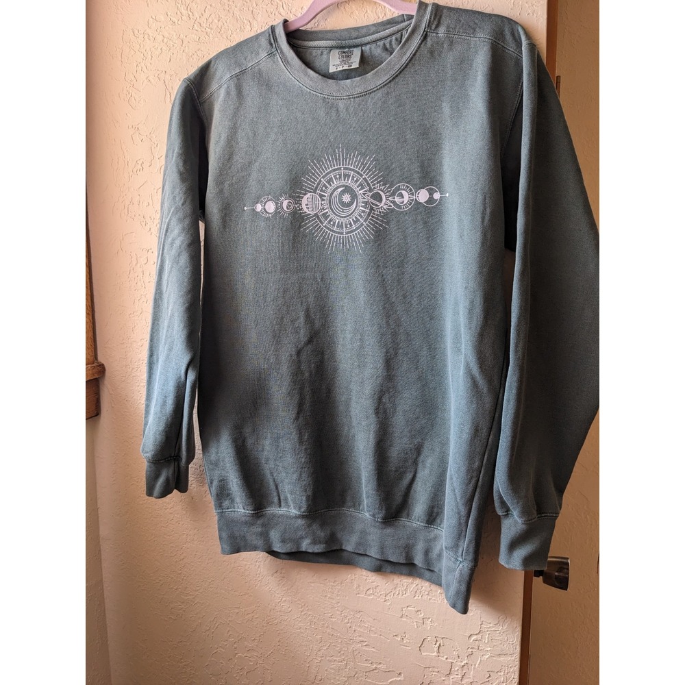 Comfort Colors Solar System Moon Phases Sweatshirt Garment Dye Blue Green Small